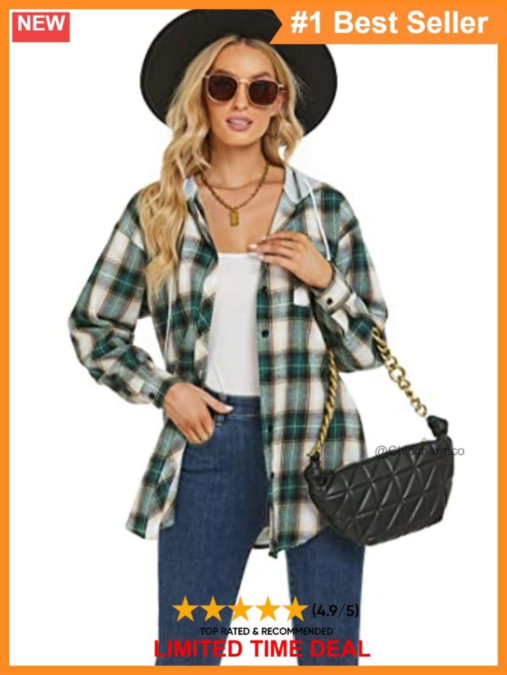 Women's Plaid Flannel Hoodie Shirt Button Down Oversized Top